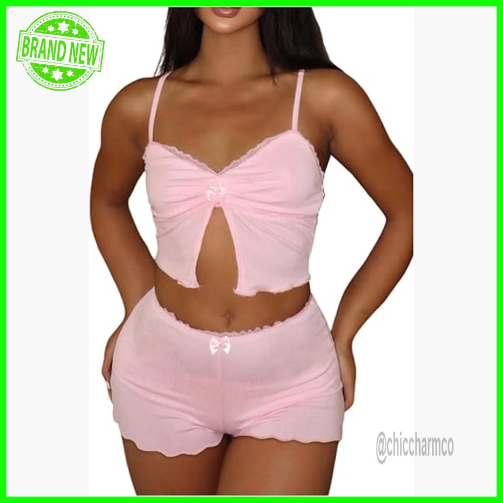 Medium 2-Piece Pajama Set With Lace Trim And Bow Crop Top